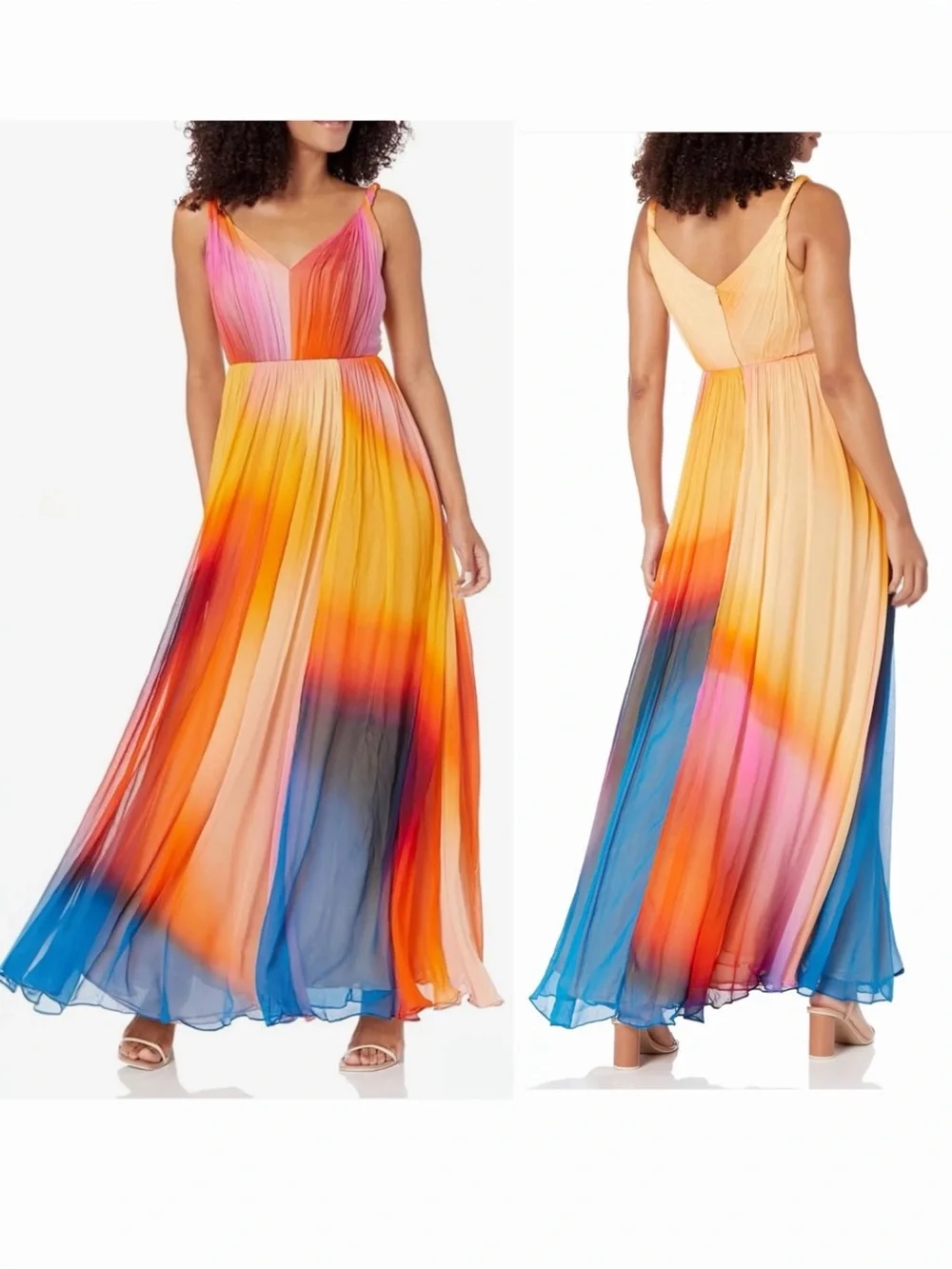 HALSTON Stacia Crinkle Chiffon A-Line Watercolor Ombre Chiffon Maxi Dress
